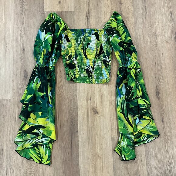 Live 4 Truth Off Shoulder Long Sleeve Green Floral Rave Festival Top Size Small - Picture 3 of 10